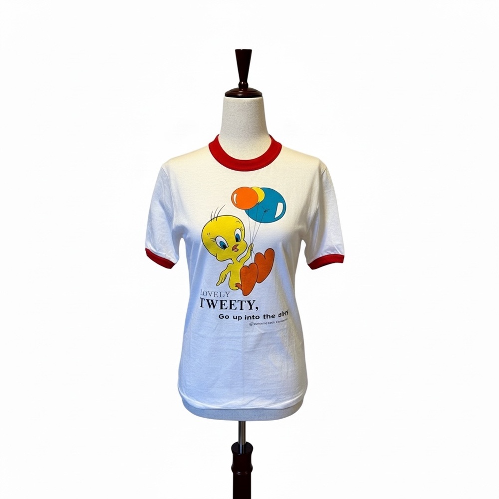 1960s Vintage White Tweety Graphic T-Shirt with Red Trim